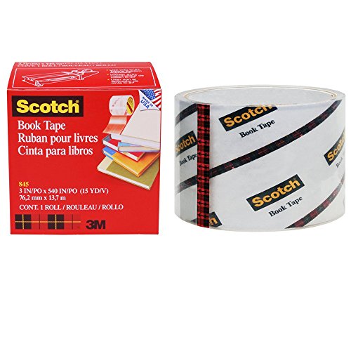 Six rolls of clear Scotch Book Tape 845 in red and white packaging