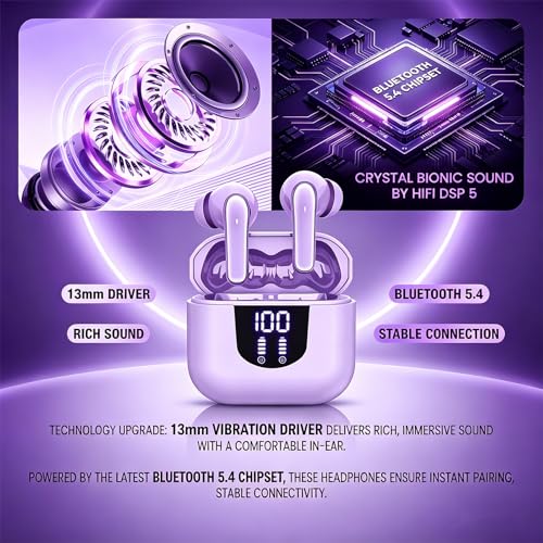Image of Nyxo K06 Wireless Warbuds Woise Cancellation with LED Power Display, Type-C Fast Charging, 50ms Low Latency, Lightweight BT V5.4, 3D Spatial Audio, 10mm Rich Bass DriversClear Calls (Purple)
