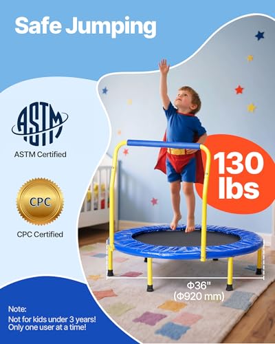 VEVOR 3FT Trampoline for Kids, 36" Trampolines Indoor/Outdoor Trampoline for Toddlers, Foldable Mini Baby Jump Toy with Foam Handle, Recreational Trampolines Birthday Gift for 3+ Years Kids - Image 3