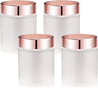 4 Pack,3.4 oz Frosted Glass Jars with Lids,Round Empty Storage Containers with Rose-Golden Lids & Inner Liners,Travel Jars Pot for Cosmetics,Gel,Scrubs,Makeup,Face Cream Lotion