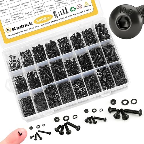 Kadrick Metric Screw Assortment, 2000PCS Metric Bolt Assortment Kit M2 M3 M4 M5 Machine Screws with Lock & Flat Washers, Grade 10.9 Alloy Steel Hex Socket Button Head Black Screws Nuts and Bolts Kit