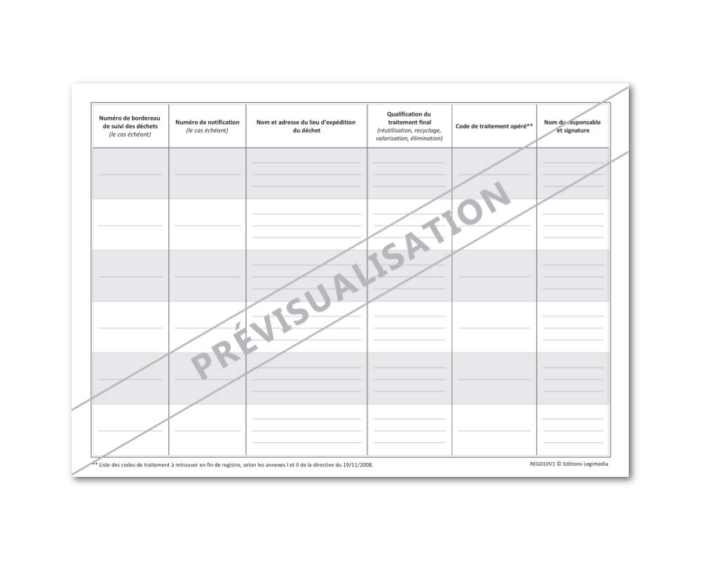 Registre des Déchets Sortants – Format A4 paysage – 64 pages – Document papier prêt à l’emploi pour assurer la traçabilité des déchets sortants conformément à la réglementation - LEGIMEDIA ÉDITIONS