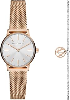 Armani Exchange Women's Stainless Steel Quartz Watch with Leather Strap, Rose Gold Mini Gift Set