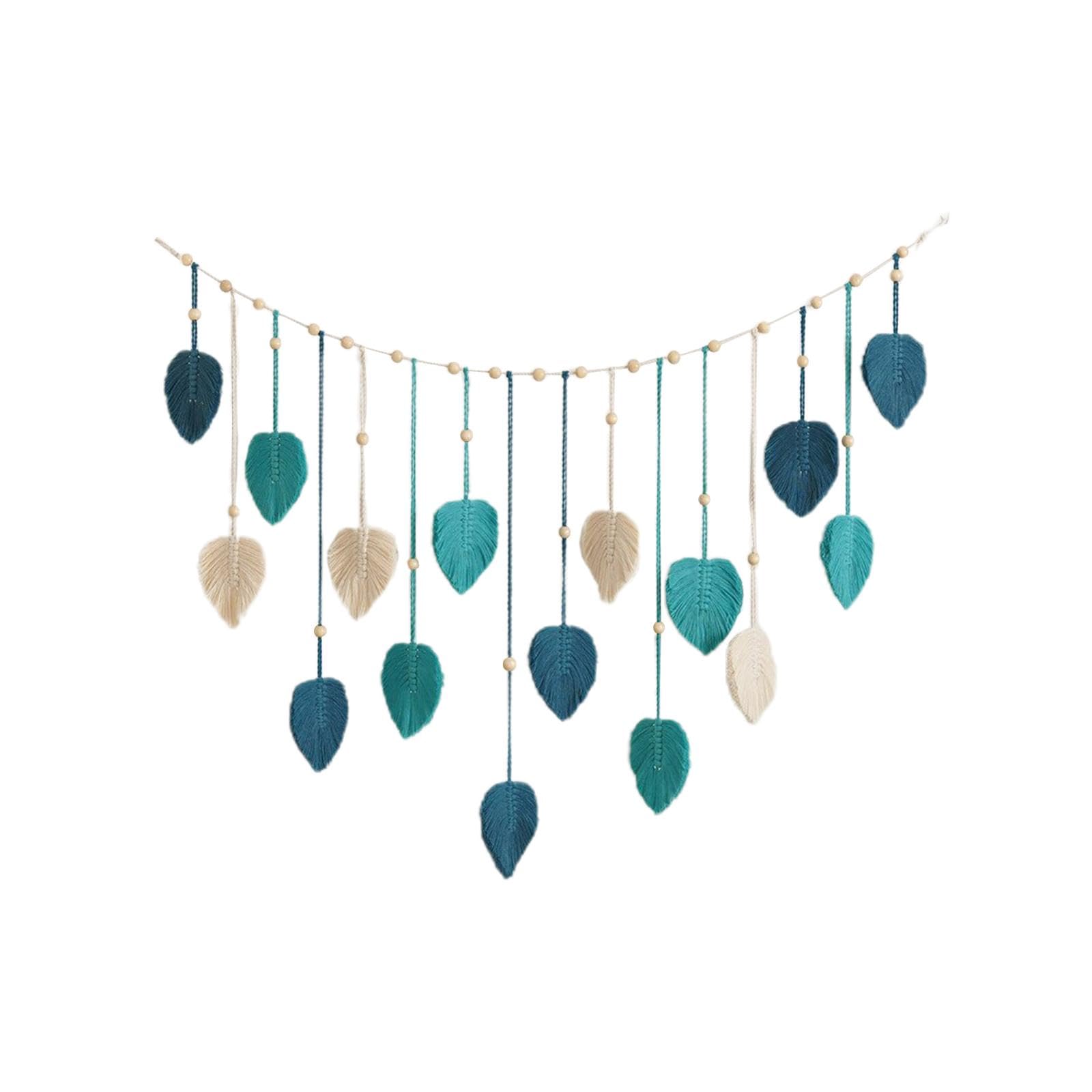 F Fityle Boho Makramee Wandbehang Blätter, Schicker Gewebte Wandteppich, Boho Wanddeko Quaste, Baumwolle Makramee Wandkunst für Wohnzimmer, Schlafzimmer, Büro, Hochzeit, Party Dekoration, Blau
