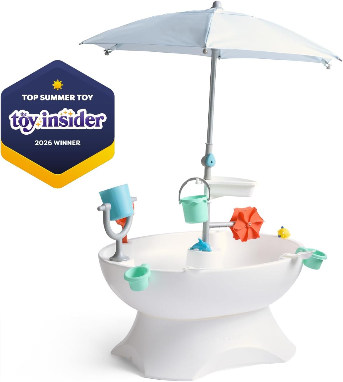 Step2 Sunshine Springs Splash Water Table with CoolBreeze Misting Canopy, Kids Outdoor Water Play Table with Umbrella for Toddlers and Preschoolers, 8 Accessories, Ages 2+, White