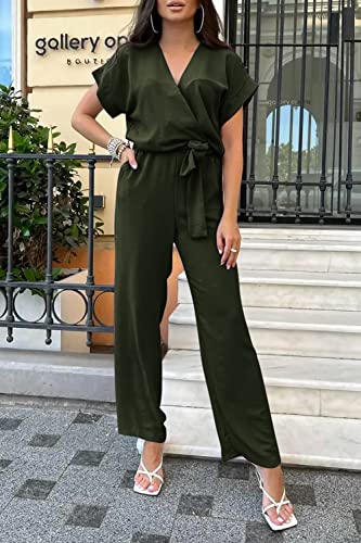 PRETTYGARDEN Women's Summer One Piece Jumpsuits Belted Short Sleeve Wrap V Neck Fashion Dressy Casual Wide Leg Pants Romper