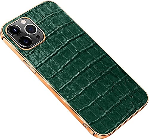 Coque iPhone 14 Pro Max crocodile vert antichoc en cuir avec cadre doré et protections intégrées