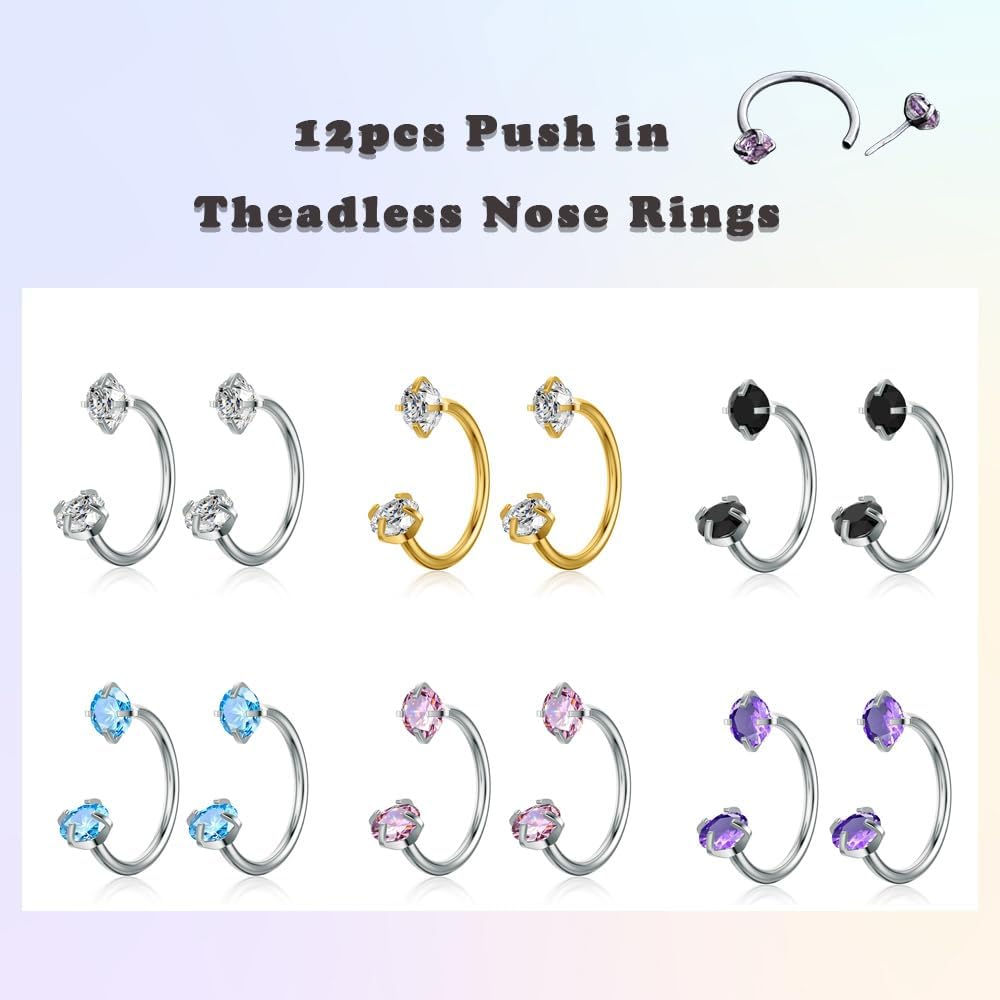 TOPBRIGHT 12PCS 316L Stainless Steel Horseshoe Nose Rings - 20G Threadless Push Pin Hoops with Double Cubic Zirconia for Women Men, Septum/Helix/Daith/Lip Piercing (7mm & 8mm) - Image 2
