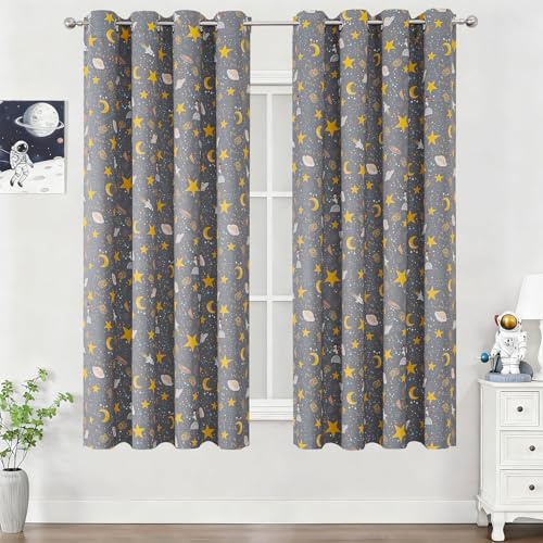 Image of Unicorn Planet Grey Room Darkening Curtains 63 Inch Length for Kids Bedroom