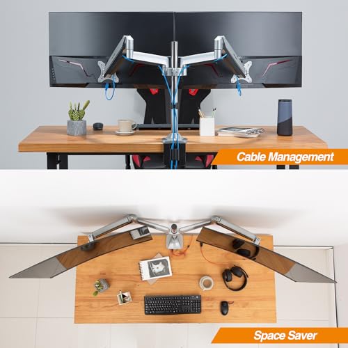 AVLT Dual 13\"-32\" Monitor Arm Desk Mount fits Two Flat/Curved Monitor Full Motion Height Swivel Tilt Rotation Adjustable Monitor Arm - Extra Tall Pole/VESA/C-Clamp/Grommet/Cable Management