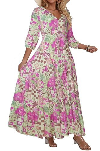 Image of Women Short Sleeve V Neck Floral Print Casual Bohemian Maxi Dresses