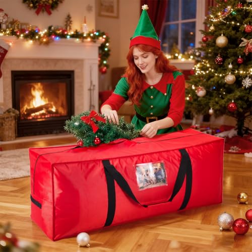 Miniatura 7 de Ousfot Bolsa Arbol De Navidad, Puede Acomodar Árbol Hasta 2,1-2,4 M, Tela Oxford 1680d Impermeable Y A Prueba De Polvo, Plegable, Con Asa Gruesa, Roja, Para Guardar Decoraciones Navideñas