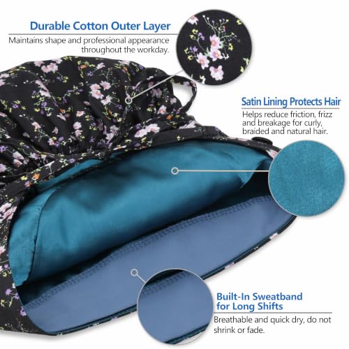 Image of Satin Lined Scrub Cap for Women, Bouffant Nurse Cap with Sweatband and Buttons, Adjustable Surgical Hat for Curly Hair, Braids, Long Hair and Buns