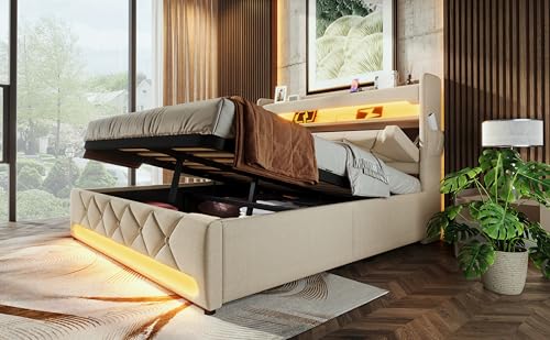 Gecheer Polsterbett Doppelbett 140 * 200, Stauraum Kopfteil mit USB und Typ C-Port, 360-Surround-LED-Funktion, Betten mit Hydraulisch Stauraum, Leinen, Beige for Schlafzimmer – Bild 5