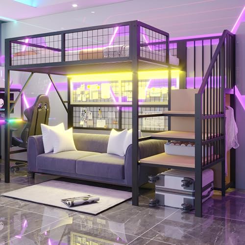 Merax Metall-Hochbett 90x200 cm, mit LED-APP-Streifen,...