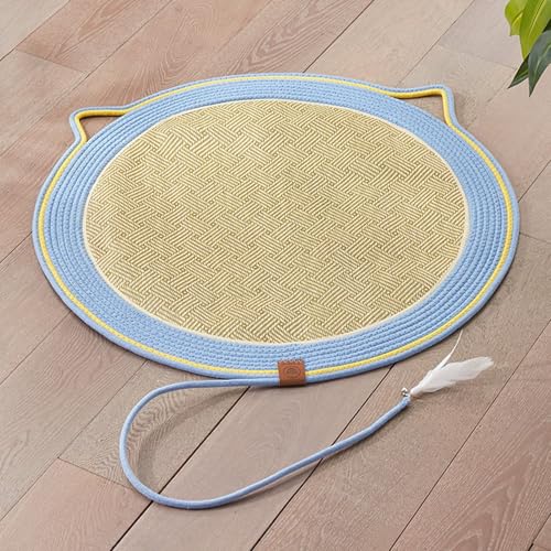 Rosoy 爪とぎマット 藤編み ペットマット夏用 籐ベッド 手編み 耐噛み 爽やか 涼しい 通気性 爪とぎ 天然素材 安全 無味 ホーム 円形 暑さ対策 休憩所 寝台 かわいい 猫 犬 安定した 通年 M:直径60cm (M:直径60cm,カーキBブルー