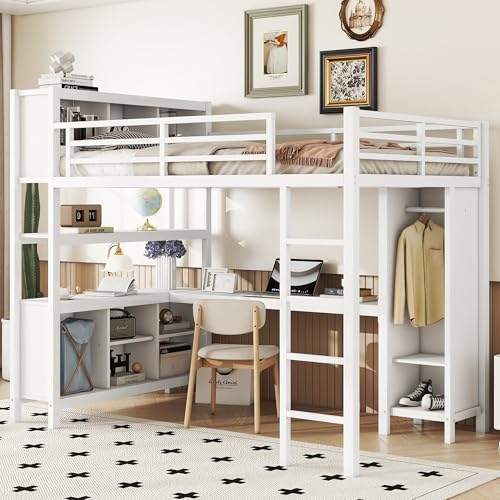 Olodumare Full Size Metal Loft Bed with Desk & Wardrobe, Modern Bed Frame with L-Shaped Table, 9 Cabinets & Shelf, for Kids, Teens, Adults, Squeak-Free, Space-Saving, No Box Spring Needed, White - Thumbnail 4