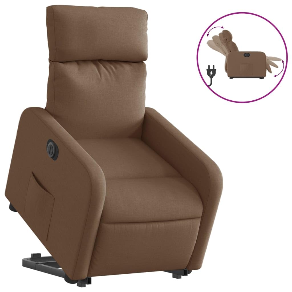 Sillón elevador reclinable eléctrico marrón tejido con motor para elevación y función reclinación automática hasta 135 grados, estructura estable de madera y metal,