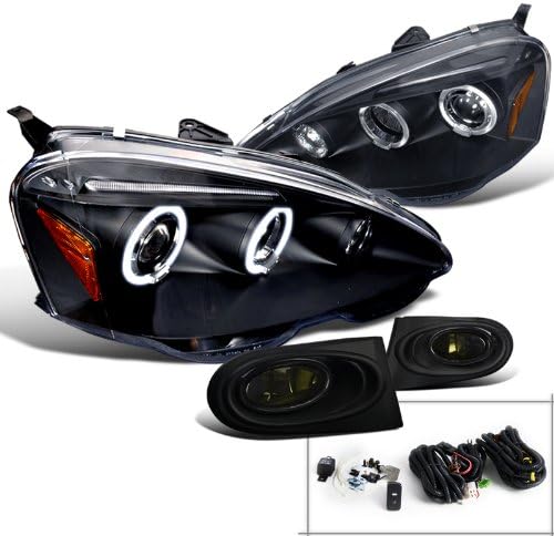 Spec-D Tuning Black Halo LED Projector Headlights + Smoke Fog Lights Compatible with 2002-2004 Acura RSX, Left + Right Pair Headlamps Assembly