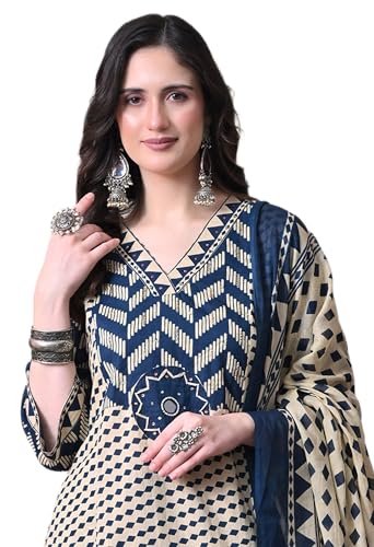 Image of MEERA FAB Women's Cotton Straight Kurta Set, Floral Print with Yoke, with Dupatta and Pants