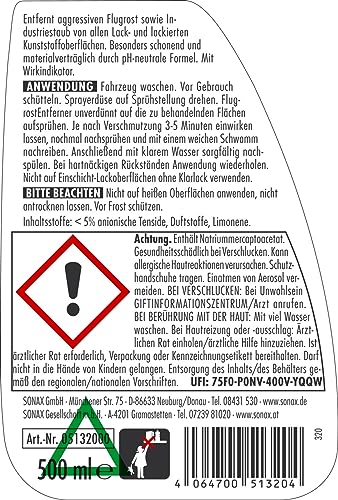 Flugrostentferner von SONAX 500 ml für Lack und Kunststoff
