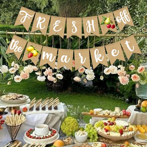 Image of Fresh Off The Market Bridal Shower Banner Farmer's Floral Bachelorette Party Supplies Fruits Burlap Garland