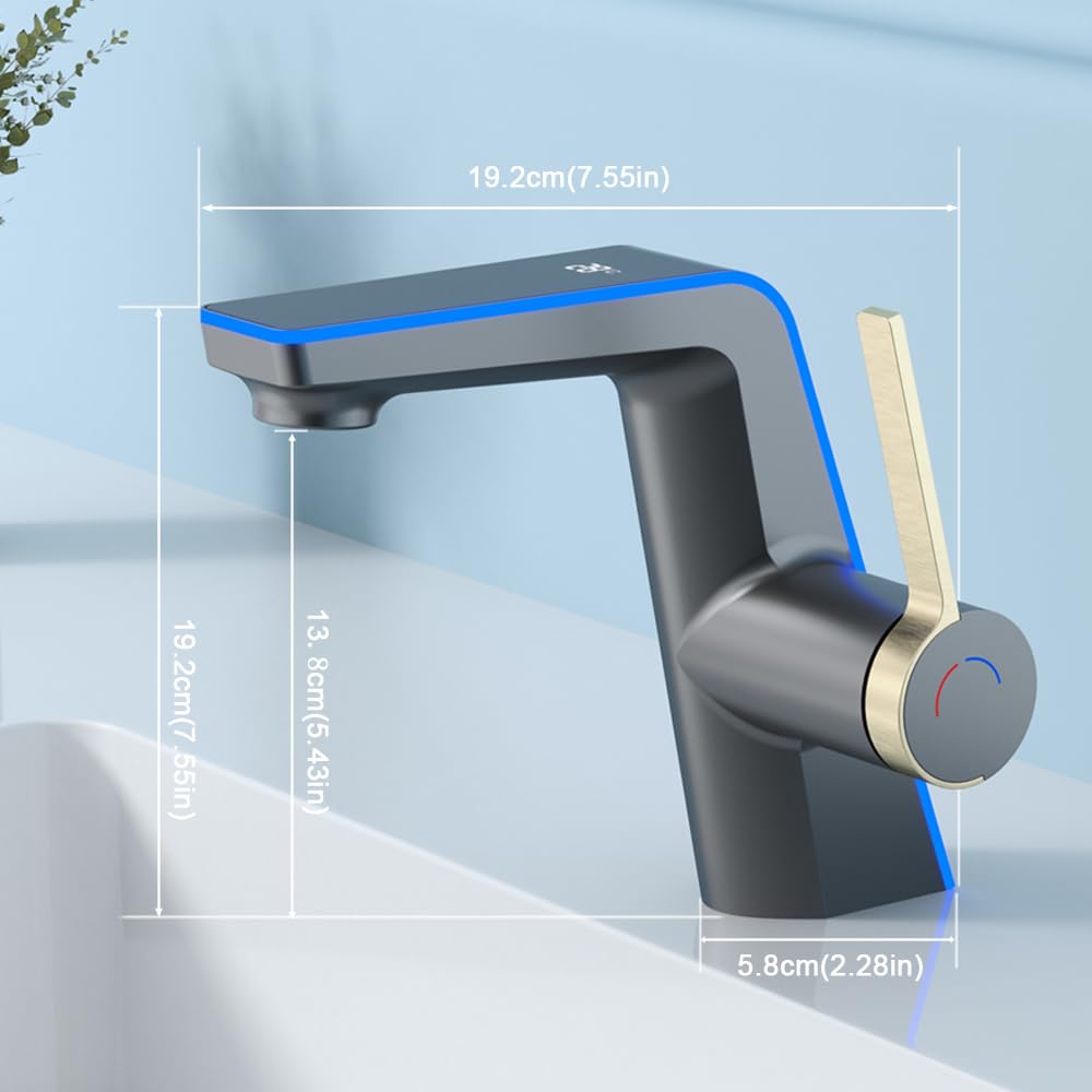 Temperature Bathroom taps,No Electrical Temperature Display Single Handle Bathroom Sink taps (Modern, Gray) - Image 2