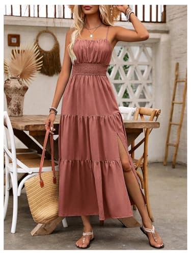 Image of BEAUDRM Women's Summer Maxi Dresses Boho Summer Wedding Guest Dress Beach Vacation Outfits Cruise Flowy Milkmaid Sundresses