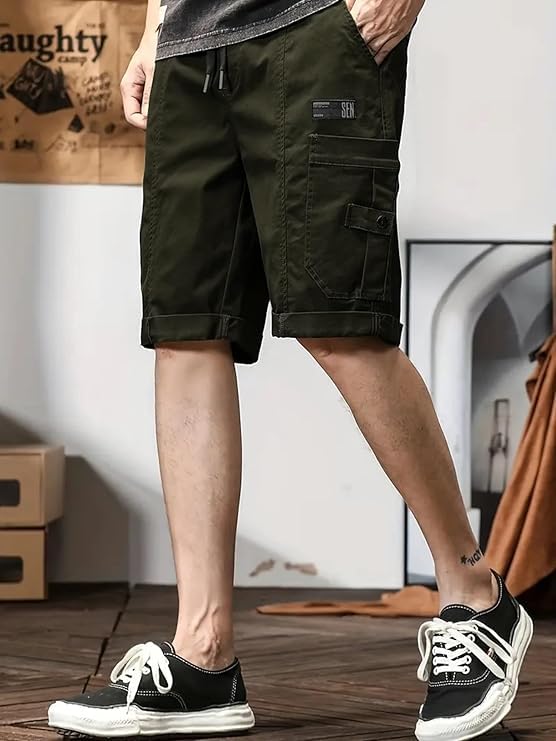 Image of Men's 100% Pure Cotton Cargo Shorts | Regular Fit Knee Length Utility Shorts with Multiple Pockets | Casual Outdoor Summer Wear Shorts for Men