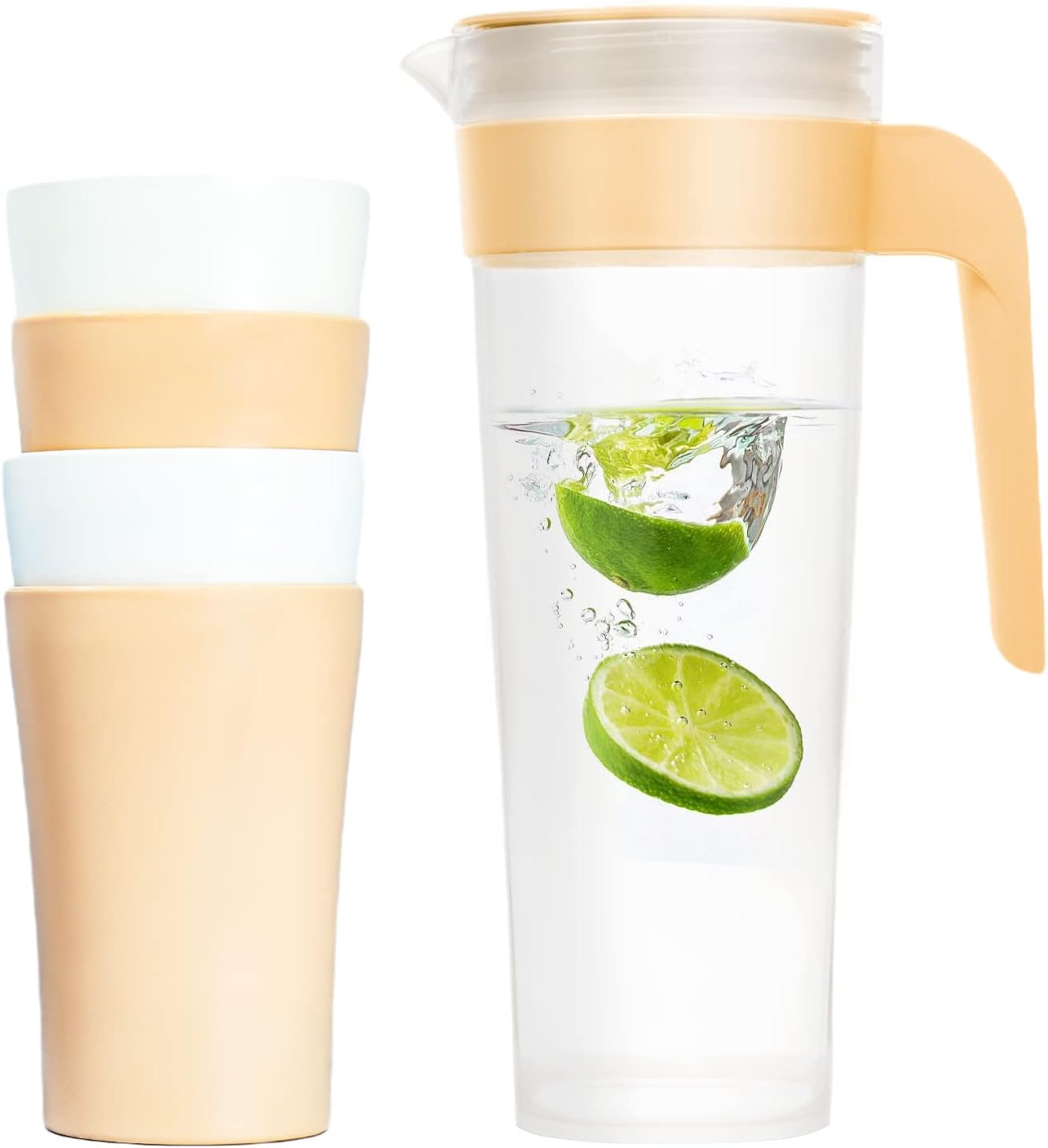 Water Pitcher with Lid, Plastic Iced Tea Pitcher Set with 4 Tumbler Cups, 47.3oz Juice Pitcher Drink Pitcher (Apricot)