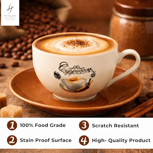 Image of Hitkari Porcelain Cup Saucer Set of 6 for Tea 220 Ml 6 Cups & 6 Saucers | 12 Piece Tea Coffee Set | Elegant Glossy Finish Teaware Microwave & Dishwasher Safe Colors CS3 - Cream