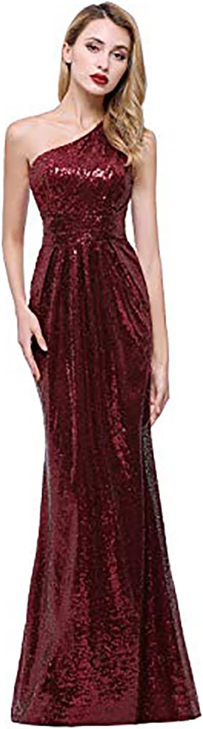 kareverWomen Sequined Long Bridesmaid Dresses One Shoulder Pleat Sequins Wedding Party Gown