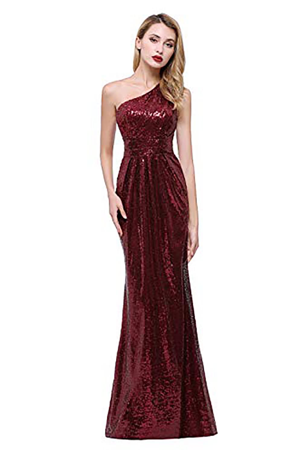 kareverWomen Sequined Long Bridesmaid Dresses One Shoulder Pleat Sequins Wedding Party Gown