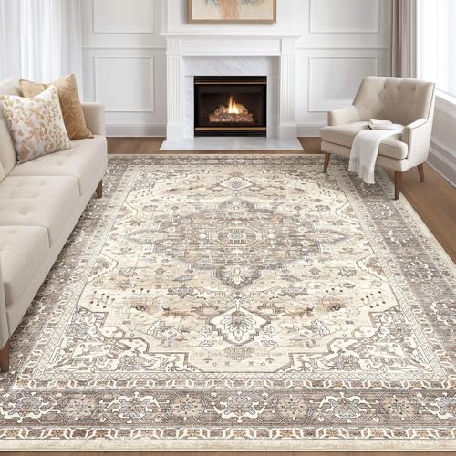 12x15 Area Rug Living Room: Washable Boho Large Neutral Vintage Soft Rugs Stain Resistant Farmhouse Non Slip Indoor Floor Carpet for Bedroom Nursery Kids Playroom Office Dining Room Home Decor- Brown