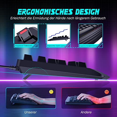 Gaming Tastatur PC, PS4 Tastatur USB, Regenbogen Beleuchtete Tastatur LED, Langlebig, Ergonomisch, Wasserdicht, Leise Tasten, Gaming Keyboard ideal für PC Mac Xbox PS4 Gamer|Büro(Deutsches Layout) – Bild 5