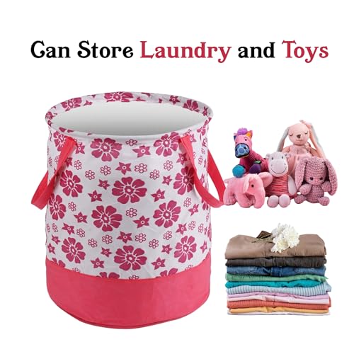 Image of Urbane Home 45L Foldable Dirty Clothes Laundry Basket With Handles For Washing - Baby Unwashed Dress Bin /Storage Box | Floral Print -Pink & White