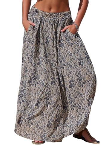 EXLURA Womens Elastic High Waist Flared Maxi Skirts Floral Swing Midi Skirt Casual Summer Long Skirt Beach Vacation Resort