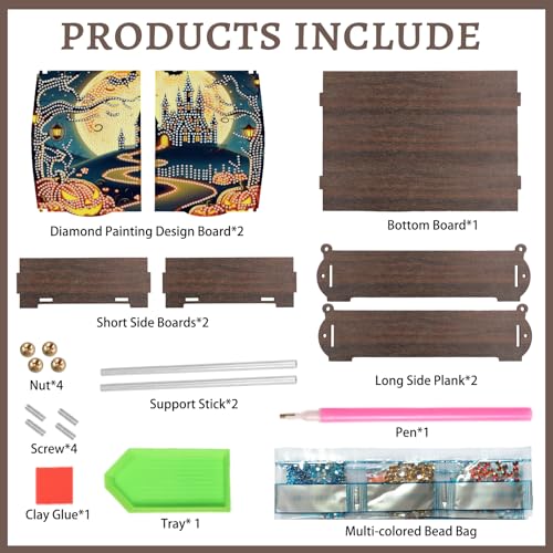 Image of MVVMTOP Diamond Painting Kit Wooden Storage Box, Hallowmas DIY Pumpkins and Castle Special Shaped Diamond Art Flip Cover Wooden Money Box, Handmade Art Desktop Decorations Birthday Gifts for Friends