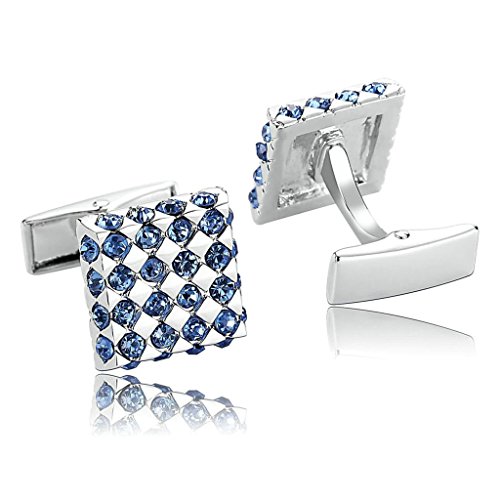 Daesar 2 Piezas Gemelos Hombre Rodio Plateado Plata Azul Cuenta con Redondo Cubic Zirconia Camisa Alianzas de Boda Plaza