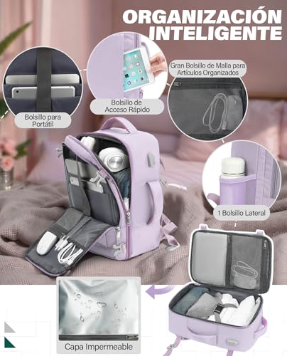Miniatura 4 de Vankev Mochila Viaje Cabina Avion 45x36x20 Para Ryanair 30l Equipaje De Mano Bolso De Viaje Mujer Hombre Para Portatil De 15.6 Pulgadas De Escuela Trabajo,Púrpura Claro