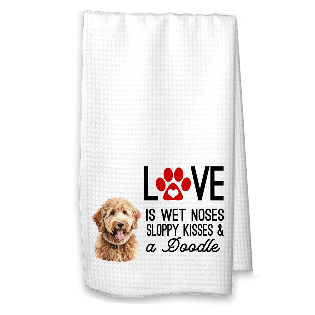 Studio 9Thirty3 Goldendoodle Kitchen Towel – “Love is Wet Noses” Funny Waffle Weave Dish Towel, Cute Dog Lover Gift, Dog Mom Kitchen Décor (Gold