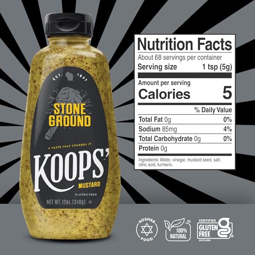 Image of Koops' Stone Ground Mustard - Old-Fashioned Mustard, Gluten-Free, Kosher, Non-GMO, Made in the USA, From Quality Seeds, Robust and Coarse Flavor, Pack of 12