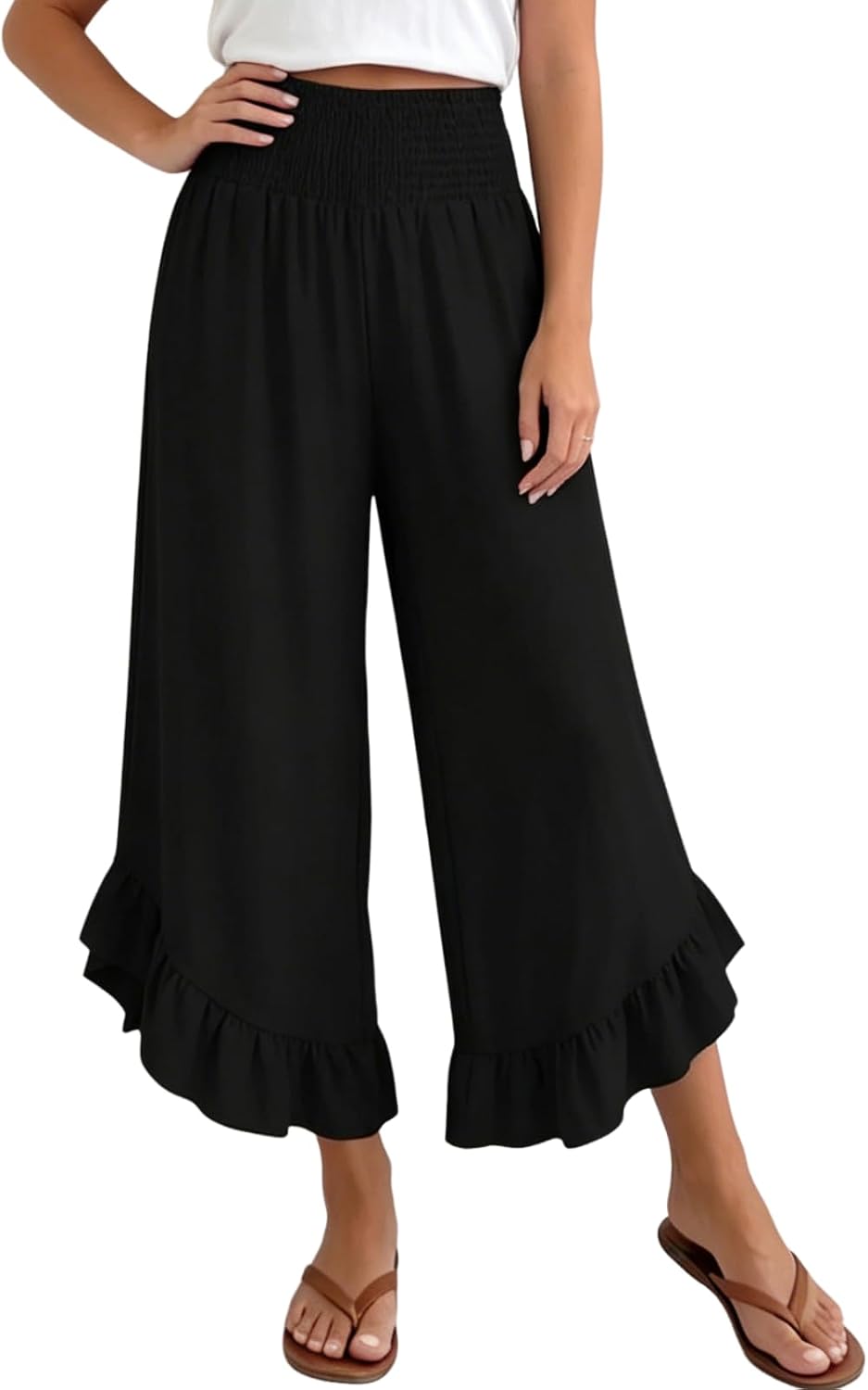 XNC Womens Wide Leg Pants Summer High Waisted Cropped Ruffle Hem Trousers | Polka Dot Print, High Waist, Wide Leg, Cropped Length, Ruffle Hem, Side Pockets, Soft Fabric, Lightweight, Casual, Vacation