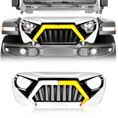 EOMD Front Goliath Grille Compatible with 2018-2025 Jeep Wrangler JL & 2020-2025 Gladiator JT w/DRL Turn Signal Lights White Black
