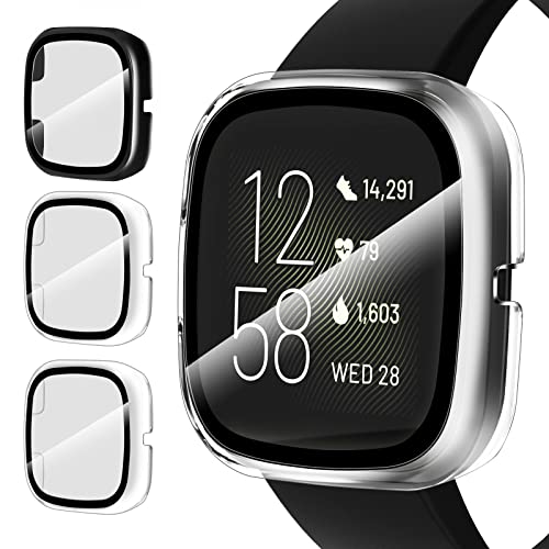 ivoler 3 Piezas Funda para Fitbit Versa 2, Protección Completa Protector de Pantalla de Cristal Vidrio Templado Duro PC Anti-arañazos Carcasa, 2 Transparente + 1 Negro