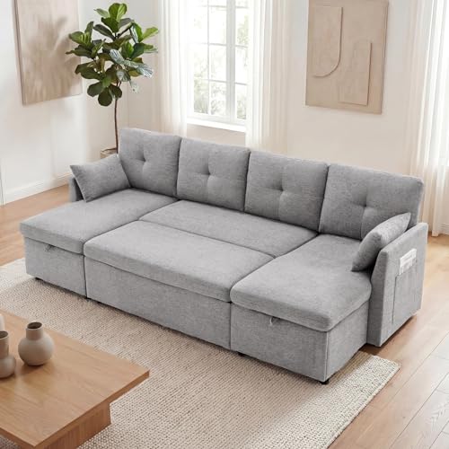 Image of Huatean Home Oversized Sleeper Sofa Couch, 100 inch 2 in 1 Pullout Couch Bed with Side Pockets for Living Room, Sectional Sleeper Sofa Bed with Double Storage Chaise, LightGrey
