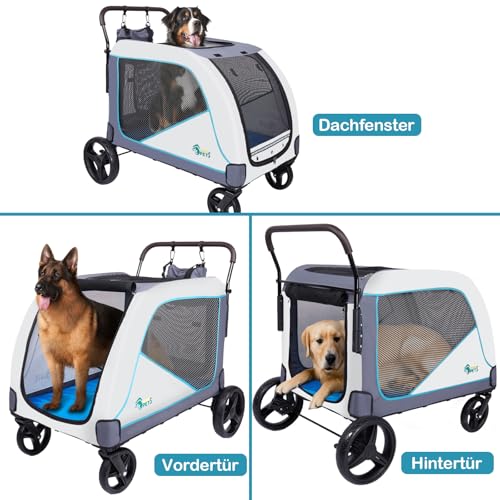 Ownpets Extra großer Hundebuggy für mittelgroße und große Hunde bis 70kg, mit Aufbewahrungstasche, verstellbarem Griff, atmungsaktives Netz, faltbar, 4 Gummi-Räder