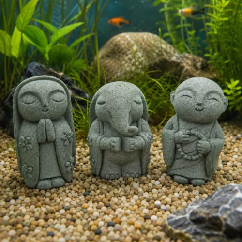 Image of Street27 3Pcs Zen Monk Statue Set, Mini Sandstone Buddha Monk Figurines for Home, Office Desk, Aquarium, Car Dashboard, Meditation Room & Table Decor, Grey