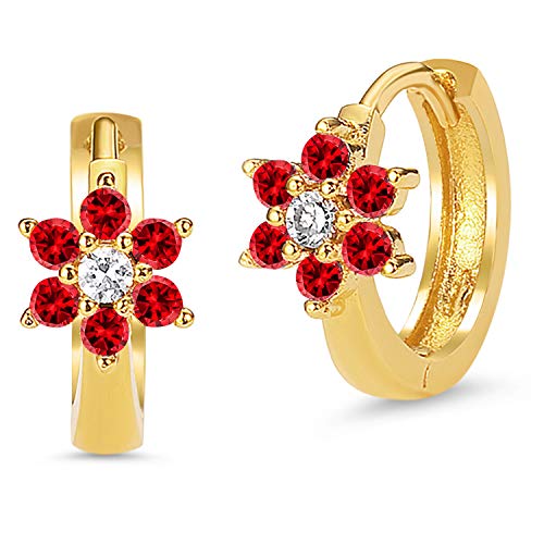 14K Gold Plated Brass Red Flower Cubic Zirconia Baby Hoop Huggie Baby Girls Earrings #TOP9
