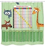Sunlit Multiplication Chart Shower Curtain Set Green, Water Repellent Fabric. Math Tool with Cat Dog Giraffe for Smart Kids.
